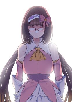 1girl bare_shoulders breasts brown_hair cosplay detached_sleeves dress expressionless fate/grand_order fate_(series) glasses highres illyasviel_von_einzbern illyasviel_von_einzbern_(cosplay) large_breasts long_hair osakabehime_(fate) pink_dress pleated_skirt skirt solo twintails white_background white_skirt yakuoyoso