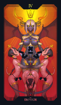 1girl 3futa breasts closed_eyes crown dark-skinned_female dark_skin demon demon_boy demon_girl demon_horns demon_wings elbow_gloves erection extra_penises fellatio floating_crown futanari gloves glowing glowing_eyes highres horns large_breasts long_horns medium_hair multiple_futa navel nipples oral original short_hair skin-covered_horns tail tailbox tarot testicles the_emperor_(tarot) wings yellow_eyes