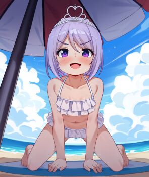 1girl absurdres all_fours beach beach_umbrella bikini blush feet highres loli looking_at_viewer luxuriou_s navel ocean original outdoors penis purple_eyes purple_hair skirt sky smile solo stomach swimsuit thighs toes umbrella