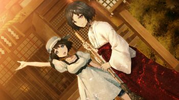 1boy 1girl aqua_eyes arm_up black_bow black_hair black_ribbon black_sash black_trim blue_dress blue_eyes blue_hat bob_cut bow breasts broom chest_bow chihaya_(clothing) choker collar collarbone dress dutch_angle frilled_collar frills game_cg grin hair_ornament hairclip hakama hakama_skirt hat highres holding holding_broom huke japanese_clothes kosode looking_at_viewer medium_breasts medium_hair miko non-web_source official_art outdoors outstretched_arm parted_lips pink_eyes pink_frills puffy_short_sleeves puffy_sleeves red_bow red_hakama ribbon ribbon_choker ribbon_trim ringed_eyes sash science_adventure shiina_mayuri short_sleeves shorts shorts_under_dress shorts_under_skirt shrine skirt skull_hair_ornament smile square_pupils standing steins;gate sunset tareme teeth tongue trap upper_teeth_only urushibara_luka waist_sash waving waving_arm wide_sleeves