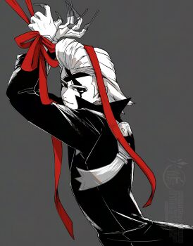 1boy absurdres arms_up artist_name bound bound_wrists claws coat dr._stone facial_mark fingernails from_side grey_background greyscale hair_slicked_back highres long_sleeves looking_at_viewer male_focus mitsuru_(aica_hikari) monochrome red_ribbon ribbon sharp_fingernails simple_background smile solo spot_color upper_body xeno_(dr.stone)