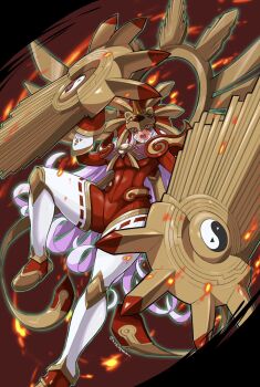 1girl amaterasumon bodysuit claw_(weapon) colored_skin digimon digimon_(creature) fire gauntlets grey_hair halo halo_behind_head highres horns lion_head_(ornament) long_hair mas_square open_mouth red_bodysuit red_eyes red_skin single_horn solo twitter_username very_long_hair weapon yin_yang yin_yang_print