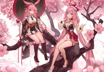 2girls alternate_costume animal_ears black_boots black_gloves boots braid breasts center_frills closed_mouth commentary dress elysia_(herrscher_of_human:_ego)_(honkai_impact) elysia_(honkai_impact) elysia_(peachy_spring)_(honkai_impact) english_commentary flower frilled_sleeves frills gloves hair_between_eyes high_heel_boots high_heels highres hollyyn honkai_(series) honkai_impact_3rd in_tree knee_boots lace-up_boots long_hair long_sleeves medium_breasts multiple_girls obi official_alternate_costume parted_lips petals pink_flower pink_hair puffy_long_sleeves puffy_sleeves purple_eyes sash shirt shoes simple_background sitting sitting_in_tree sleeveless sleeveless_shirt smile swept_bangs tree very_long_hair white_background white_dress white_shirt white_shoes wide_sleeves yae_sakura
