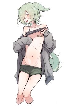 1girl azuma_shino bandages bandaid bandaid_on_neck bandaids_on_nipples blush collarbone green_hair green_shorts grey_jacket highres jacket looking_at_viewer navel open_mouth pasties pea_pod shorts simple_background solo voiceroid voicevox white_background yellow_eyes zundamon
