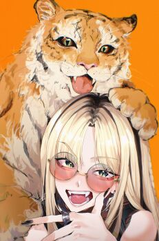 1girl animal black_hair black_nails blonde_hair blue_eyes blush commentary_request fangs fingernails highres hololive hololive_dev_is jewelry klai koganei_niko koganei_niko_(1st_costume) long_fingernails long_hair looking_at_viewer multicolored_hair nail_polish open_mouth orange-tinted_eyewear orange_background ring round_eyewear simple_background slit_pupils solo streaked_hair teeth tiger tinted_eyewear two-tone_hair virtual_youtuber