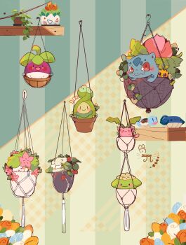 :d absurdres blush blush_stickers bounsweet budew closed_mouth commentary cottonee fangs flower flower_pot food fruit gen_1_pokemon gen_2_pokemon gen_3_pokemon gen_4_pokemon gen_5_pokemon gen_7_pokemon hanging_plant highres hoppip ivysaur leaf legendary_pokemon mythical_pokemon nintendo no_humans open_mouth orange_flower plant pokemon pokemon_(creature) potted_plant red_eyes shaymin shaymin_(land) shelf signature skiploom smile squirt_bottle_(pokemon) squirtle strawberry sugahri sunkern togepi wailmer wailmer_pail watering_can