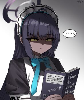 ... 1girl absurdres artist_name black_hair black_shirt blue_archive blue_bow blue_bowtie book bow bowtie dark-skinned_female dark_skin gradient_background halo highres holding holding_book kai_xin karin_(blue_archive) long_hair looking_at_viewer open_book shirt smile solo spoken_ellipsis traditional_bowtie upper_body yellow_eyes