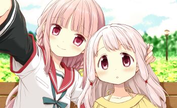 2girls :o artist_request black_sleeves blue_bow blue_bowtie blue_sky blunt_bangs bow bowtie braid breast_pocket closed_mouth cloud day dot_nose field fingernails flower flower_field game_cg hair_tubes hand_on_another's_head happy heads_together highres kamihama_university_affiliated_school_uniform lamppost layered_sleeves light_blush long_hair long_sleeves low_ponytail magia_record:_mahou_shoujo_madoka_magica_gaiden mahou_shoujo_madoka_magica mahou_shoujo_madoka_magica_magia_exedra multiple_girls neck_ribbon official_art on_bench outdoors park parted_lips pink_eyes pink_hair pocket ponytail red_sailor_collar ribbon sailor_collar school_uniform selfie shirt short_over_long_sleeves short_sleeves siblings side_braids sisters sitting sky smile tamaki_iroha tamaki_ui tareme tree twin_braids upper_body very_long_hair white_shirt yellow_flower yellow_ribbon yellow_shirt