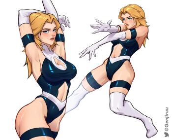 1girl absurdres blonde_hair blue_bodysuit blue_eyes bodysuit breasts cleavage clothing_cutout curvy earrings fantastic_four genjiruu gloves highleg highleg_leotard highres jewelry large_breasts leotard long_hair looking_ahead looking_at_viewer marvel marvel_rivals navel_cutout parted_lips revealing_clothes shiny_skin simple_background smile solo stretching sue_storm superhero_costume thighs thong_leotard white_background white_gloves wide_hips