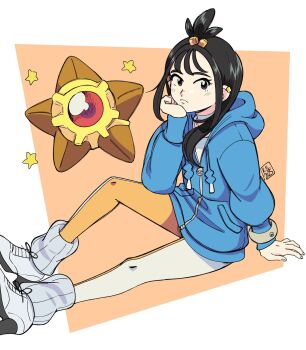 Rule 34 | 1girl, asymmetrical legwear, black eyes, black hair, blue jacket, gen 1 pokemon, highres, jacket, kaguras-art, lida (pokemon), mega ring, mega stone, mismatched legwear, nintendo, poke ball, pokemon, pokemon legends: z-a, signature, sitting, star (symbol), staryu