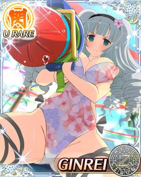 1girl ahoge aqua_eyes ass black_hairband blush breasts card_(medium) cleavage closed_mouth drill_hair drill_sidelocks floral_print_one-piece_swimsuit flower game_cg ginrei_(senran_kagura) gluteal_fold grey_hair hair_flower hair_ornament hairband large_breasts long_hair looking_at_viewer multiple_drills non-web_source official_alternate_costume official_art one-piece_swimsuit pointing pointing_at_viewer rocket_launcher senran_kagura senran_kagura_new_wave sidelocks smile solo swimsuit waterpark weapon wet zodiac_wheel