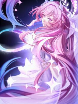 1girl aqua_hair breasts commentary_request cyrene_(honkai:_star_rail) cyrene_(ripples_of_past_reverie)_(honkai:_star_rail) diamond-shaped_pupils diamond_(shape) dress from_side halo highres honkai:_star_rail honkai_(series) kome215629 large_breasts long_hair multicolored_hair pink_hair pointy_ears purple_eyes solo symbol-shaped_pupils two-tone_hair very_long_hair white_dress