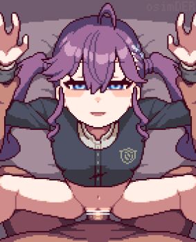 1boy 1girl animated animated_gif bar_censor bed blue_eyes bottomless censored commentary_request commission cum cum_in_pussy gakuen_idolmaster hetero idolmaster kaya_rinha long_hair looking_at_viewer lying navel no_panties on_back on_bed osimder penis pixel_art pov purple_hair pussy pussy_juice sex skeb_commission smile spread_legs twintails vaginal