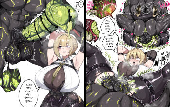 1boy 1girl absurdres armpits bar_censor blonde_hair breasts censored elbow_gloves ethereal_(zenless_zone_zero) evelyn_chevalier fertilization geulimykun_(skbyunea413) gloves hair_bun heart high_heels highres huge_breasts huge_penis impregnation korean_commentary korean_text mating_press ovum ovum_with_heart penis purple_eyes sex speech_bubble sperm_cell thigh_strap tongue tongue_out torn_clothes vaginal zenless_zone_zero