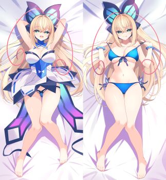 1girl :d :p absurdres antenna_hair armpits arms_up azure_striker_gunvolt azure_striker_gunvolt_1 bare_legs barefoot bikini blonde_hair blue_bikini blue_panties breasts butterfly_hair_ornament cleavage commission commissioner_upload dakimakura_(medium) dress full_body green_eyes hair_between_eyes hair_ornament headphones highres large_breasts lololotton long_hair looking_at_viewer lumen_(gunvolt) lying multicolored_dress multicolored_hair multiple_views naughty_face navel open_mouth panties pink_hair pulling_own_clothes skeb_commission smile swimsuit tongue tongue_out underwear very_long_hair