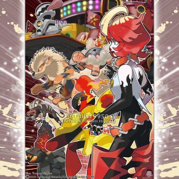 ahoge arcanine armarouge armor artist_name bare_shoulders black_gloves black_lips blonde_hair boots closed_eyes closed_mouth coalossal commentary company_name copyright_notice elbow_gloves english_commentary eyelashes fangs fingerless_gloves fingernails fire flag flaming_eye freckles from_side gen_1_pokemon gen_2_pokemon gen_3_pokemon gen_8_pokemon gloves glowing_hot green_eyes holding holding_poke_ball horns houndoom instagram_username lipstick makeup mela_(pokemon) merchandise_available motor_vehicle multicolored_hair nail_polish nintendo nostrils official_style one-eyed open_mouth outline poke_ball pokemon pokemon_(creature) pokemon_sv quick_ball red_boots red_eyes red_hair red_nails revavroom shirt smoke team_star tom_higgins tongue tongue_out torkoal two-tone_hair watermark white_outline white_shirt