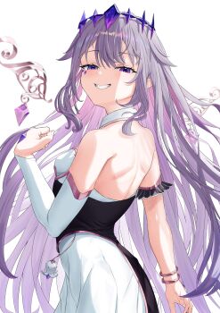 1girl absurdres backless_outfit circlet colored_inner_hair dress gem grey_hair highres hololive hololive_english jewel_under_eye koseki_bijou koseki_bijou_(1st_costume) long_hair looking_at_viewer majin_(mazimazindayo) multicolored_hair pink_hair purple_eyes purple_hair simple_background smile solo very_long_hair virtual_youtuber white_background white_dress