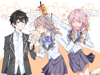 1boy 2girls arm_up black_hair black_jacket bow bowtie bubble_tea buttons closed_eyes closed_mouth collared_shirt commentary_request contrast_collar cowboy_shot cup dan_heng_(honkai:_star_rail) disposable_cup double-breasted drinking_glass drinking_straw expressionless food food_on_face graphia_academy_school_uniform green_eyes grey_hair grey_skirt hair_between_eyes highres holding holding_another's_arm holding_cup holding_food holding_ice_cream holding_ice_cream_cone honkai:_star_rail honkai_(series) ice_cream ice_cream_cone jacket long_hair long_sleeves looking_at_another march_7th_(honkai:_star_rail) multiple_girls nononono_bouzu official_alternate_costume pink_hair pleated_skirt purple_bow purple_bowtie school_uniform shirt short_hair skirt speech_bubble stelle_(honkai:_star_rail) sweatdrop trailblazer_(honkai:_star_rail) translation_request twitter_username two-tone_background untucked_shirt white_jacket white_shirt white_trim yellow_eyes