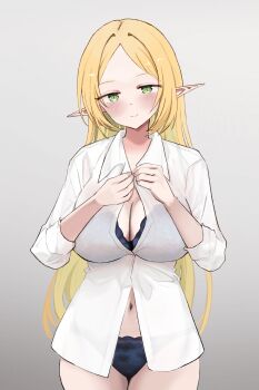 1girl absurdres black_bra black_panties blonde_hair blush bra bra_peek breasts cleavage closed_mouth cowboy_shot dress_shirt elf gradient_background green_eyes grey_background half-closed_eyes highres long_hair long_sleeves looking_at_viewer mature_female misaki150280 navel no_pants original panties pointy_ears shirt smile solo standing swept_bangs underwear undressing white_shirt wing_collar