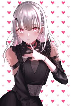 1girl absurdres akutagawa_joo asumi_sena asumi_sena_(3rd_costume) black_choker black_dress braid choker clothing_cutout corset crown_braid dress ear_piercing grey_corset grey_hair heart heart_background highres long_hair looking_at_viewer piercing pink_eyes smile solo upper_body virtual_youtuber vspo!