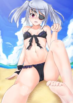 1girl alternate_hairstyle barefoot beach bikini blue_sky breasts c.h.a cleavage cloud commentary day english_commentary eyepatch frilled_bikini frills front-tie_bikini_top front-tie_top grey_hair highres horizon infinite_stratos laura_bodewig long_hair looking_at_viewer navel ocean outdoors red_eyes side-tie_bikini_bottom sky small_breasts solo swimsuit twintails typo