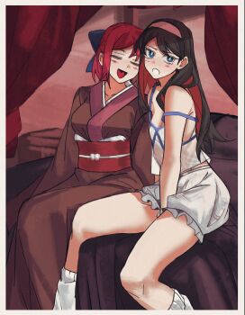 Rule 34 | 2girls, :d, = =, absurdres, bare shoulders, bed, black hair, bloomers, blue bow, blue eyes, blush, border, bow, brown kimono, camisole, canopy bed, closed eyes, commentary, crop top, ezekquel, hair bow, hairband, highres, japanese clothes, kimono, kohaku (tsukihime), long hair, looking at viewer, multiple girls, obi, obiage, obijime, on bed, open mouth, red hair, sash, short hair, sidelocks, smile, strap slip, tohno akiha, tsukihime, underwear, white border, white camisole