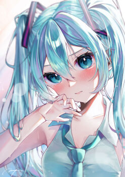 1girl absurdres aqua_eyes aqua_hair aqua_necktie blush breasts closed_mouth collarbone collared_shirt commentary_request grey_shirt hair_between_eyes hair_ornament hatsune_miku highres long_hair looking_at_viewer medium_breasts mii_(user_naan2728) necktie shirt sleeveless sleeveless_shirt solo summer sweat twintails upper_body very_long_hair vocaloid