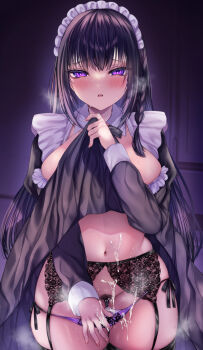 1girl black_garter_belt blush braid breasts clothes_lift commentary_request cowboy_shot cum cum_wearing dress dress_lift frilled_dress frills garter_belt hair_between_eyes highres large_breasts lifting_own_clothes long_hair long_sleeves looking_at_viewer maid midriff navel original panties panty_pull parted_lips pubic_hair pulling_own_clothes purple_eyes purple_hair purple_panties raised_inner_eyebrows sami_(rinsenana) side-tie_panties side_braid single_braid solo steam sweat thighs underwear