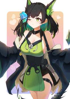 Rule 34 | 1girl, absurdres, arknights, bare shoulders, belt, black belt, black hair, black jacket, black sash, border, breasts, bug, butterfly, butterfly on hair, chinese commentary, cleavage, closed mouth, colored inner hair, commentary request, cowboy shot, crystal, emoji, green eyes, green hair, green shirt, heart, highres, insect, jacket, large breasts, medium hair, mon3tr (arknights), multicolored hair, off shoulder, one eye closed, outside border, pouch, sash, shirt, solo, standing, star (symbol), thigh belt, thigh strap, underbust, white border, youjiu you jiao