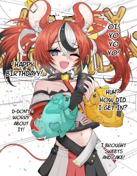 1girl absurdres animal_ear_fluff animal_ears asymmetrical_sleeves balloon black_gloves black_hair black_streaks blue_eyes blush cheese choker commission confetti detached_sleeves dice dice_hair_ornament double-parted_bangs english_text food gloves hair_between_eyes hair_ornament hakos_baelz hakos_baelz_(1st_costume) happy_birthday highres holding holding_party_popper hololive hololive_english key mayoa midriff monochrome_background mouse_ears mouse_tail mousetrap multicolored_hair multicolored_skirt navel one_eye_closed party_popper red_hair sharp_teeth single_glove skirt smile spiked_choker spikes standing table tail teeth twintails uneven_twintails upper_teeth_only virtual_youtuber white_hair