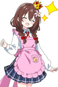1girl :d ^_^ apron blue_skirt blush bow braid closed_eyes collared_shirt commentary_request cowboy_shot crown dot_nose frilled_apron frills hair_bow hand_up highres kotatsu-mazoku long_sleeves necktie open_mouth original pink_apron pink_apron_girl_(kotatsu-mazoku) plaid_clothes plaid_skirt pleated_skirt red_bow red_necktie shirt simple_background skirt smile solo sparkle twin_braids white_background