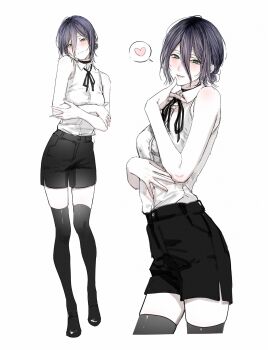 1girl aiomita black_choker black_ribbon black_shoes black_thighhighs blush breasts chainsaw_man choker collared_shirt cropped_legs crossed_arms full_body green_eyes hair_between_eyes hand_on_own_face hand_on_own_stomach head_tilt heart high-waist_shorts highres looking_at_viewer medium_breasts medium_hair multiple_views neck_ribbon purple_hair reze_(chainsaw_man) ribbon shirt shoes shorts skindentation sleeveless smile solo spoken_heart teeth thighhighs white_shirt zettai_ryouiki