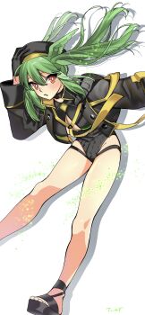 1girl bare_legs beret black_footwear black_gloves black_one-piece_swimsuit breasts bright_pupils cleavage_cutout clothing_cutout fate/grand_order fate_(series) gloves green_hair hanpp_rifle hat head_wings highres jacket large_breasts legs long_hair looking_at_viewer olrun_(fate) one-piece_swimsuit open_mouth red_eyes simple_background sparkle swimsuit thighs twintails valkyrie_(fate) white_background wings