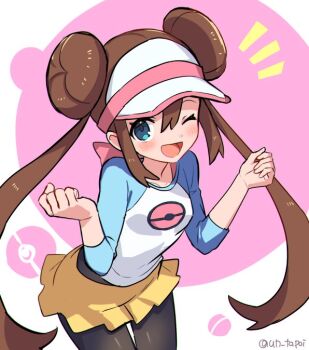 Rule 34 | 1girl, ;d, bad id, bad twitter id, black pantyhose, blue eyes, blush, bow, brown hair, commentary request, cowboy shot, donut hair bun, double bun, hair bun, hands up, long hair, nintendo, notice lines, one eye closed, open mouth, pantyhose, pantyhose under shorts, pink bow, poke ball symbol, pokemon, pokemon black 2 and white 2, raglan sleeves, rosa (pokemon), short shorts, shorts, smile, solo, tongue, twintails, twitter username, un tapoi, visor cap, w arms, yellow shorts