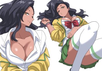 1girl asymmetrical_hair black_hair bow bowtie breasts brown_eyes cleavage collarbone collared_shirt commentary_request cornrows dark-skinned_female dark_skin green_skirt highres jacket large_breasts laura_matsuda long_hair looking_at_viewer lying nasu_(ilo_a5) official_alternate_costume open_clothes open_jacket parted_lips red_bow red_bowtie shirt skirt smile street_fighter street_fighter_v thighhighs thighs wavy_hair white_shirt white_thighhighs wristband yellow_jacket