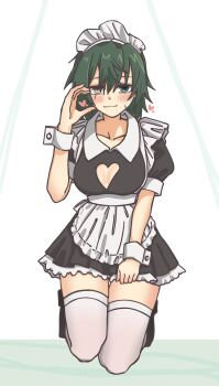 1girl alternate_costume apron black_dress clothing_cutout collarbone dress embarrassed enmaided green_eyes green_hair half-heart_hands heart heart_cutout highres kantai_collection kiso_(kancolle) kneeling maid maid_headdress motizou short_hair solo thighhighs waist_apron white_apron white_thighhighs wrist_cuffs yellow_eyes