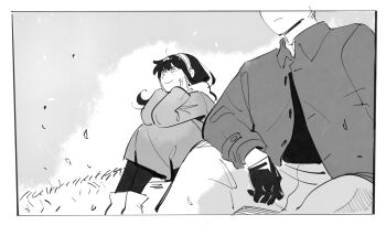 1boy 1girl black_gloves black_hair black_pantyhose black_shirt boots border closed_mouth coat commentary falling_leaves findoworld gloves grass hairband hands_on_own_cheeks hands_on_own_face highres jacket leaf long_hair outdoors pantyhose shirt sitting smile spy_x_family symbol-only_commentary twilight_(spy_x_family) white_boots white_border white_hairband yor_briar