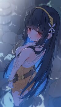 1girl absurdres black_hair blue_shrug blunt_bangs blush bracelet breasts chisei259 colored_inner_hair dress extra_pupils gloves hairband highres jewelry long_hair looking_at_viewer looking_to_the_side medium_breasts multicolored_hair nazuka_(stella_sora) open_mouth orange_dress rain red_eyes short_dress shrug_(clothing) sleeveless solo standing stella_sora very_long_hair water_drop white_gloves