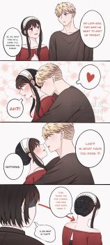 1girl 2boys bite_mark bite_mark_on_neck black_hair black_jacket black_shirt blonde_hair blush botchinako brother_and_sister couple dress earrings english_text gold_earrings hairband heart hetero hickey highres hug hug_from_behind jacket jewelry kiss kissing_neck long_hair multiple_boys off-shoulder_dress off_shoulder parted_lips red_dress shirt short_hair siblings sidelocks spoken_heart spy_x_family twilight_(spy_x_family) updo white_background white_hairband yor_briar yuri_briar