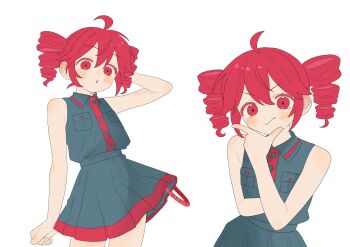 Rule 34 | 1girl, absurdres, bare arms, bare shoulders, grey shirt, grey skirt, hashtag-only commentary, highres, kasane teto, kasane teto (utau), komori kamome, looking at viewer, miniskirt, multiple views, red eyes, red hair, shirt, skirt, sleeveless, sleeveless shirt, twintails, utau
