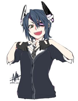 1girl black_cardigan black_gloves blue_hair cardigan checkered_necktie collared_shirt cropped_torso eyepatch fangs finger_heart gloves hair_between_eyes headgear kantai_collection looking_at_viewer necktie nmz_(namazu) open_mouth partially_fingerless_gloves shirt short_hair signature simple_background skin_fangs solo tenryuu_(kancolle) twitter_username upper_body white_background white_shirt yellow_eyes