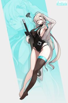 1girl absurdres arm_up armpits bare_shoulders black_one-piece_swimsuit black_survival blair_(black_survival) blue_eyes breasts brown_thighhighs cigarette commentary english_commentary eternal_return:_black_survival full_body grey_hair highleg highleg_one-piece_swimsuit highres jacket large_breasts long_hair long_sleeves looking_at_viewer mouth_hold one-piece_swimsuit open_clothes open_jacket parted_bangs pyogo see-through_cleavage see-through_clothes single_thighhigh solo squiggle swimsuit thighhighs thighs very_long_hair white_jacket
