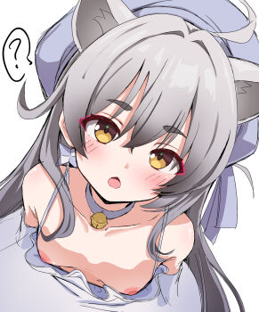 1girl ? animal_ears bare_shoulders bell blue_archive blush breasts collar collarbone commentary_request downblouse dress flat_chest grey_hair hair_between_eyes highres looking_at_viewer michiru_(blue_archive) michiru_(dress)_(blue_archive) neck_bell nipples open_mouth pc_fworks raccoon_ears small_breasts solo spoken_question_mark white_background white_dress yellow_eyes