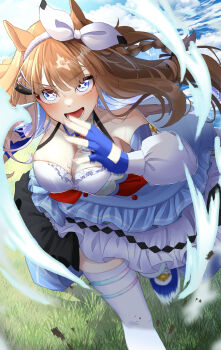 1girl almond_eye_(umamusume) animal_ears bare_shoulders blue_eyes blue_gloves blue_hair blue_sky bow bow_hairband braid breasts brown_hair cleavage cloud cloudy_sky colored_inner_hair commentary cross-shaped_pupils day detached_sleeves dress fingerless_gloves gloves grass hair_ornament hairband hairclip highres horse_ears horse_girl horse_tail large_breasts long_hair long_sleeves multicolored_hair open_mouth outdoors puffy_long_sleeves puffy_sleeves running single_braid sky smile solo streaked_hair sweat symbol-shaped_pupils tail too_many_hair_ornaments umamusume white_bow white_dress white_hairband white_sleeves x-shaped_pupils yume_30_31