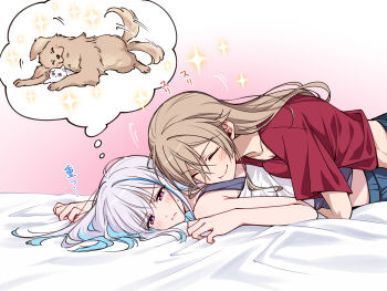 2girls absurdres blue_hair breast_press brown_hair casual cat closed_eyes frown furen_e_lustario highres hug hug_from_behind kougi_hiroshi lize_helesta long_hair lying multicolored_hair multiple_girls nijisanji on_stomach purple_eyes shirt sleeveless smile speech_bubble t-shirt tank_top thought_bubble virtual_youtuber white_hair yuri