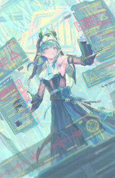 1girl arknights arknights:_endfield black_dress blue_eyes blue_hair blue_theme commentary detached_sleeves dress english_commentary error_message frilled_sleeves frills highres looking_at_viewer low_twintails pointy_ears sign solo twintails warning_sign wide_sleeves xaihi_(arknights) zheng_jian
