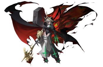 1girl absurdres axe blood breasts cap cape cross full_body garter_straps gauntlet goldcloud grey_eyes grey_hair halberd highres hood medium_breasts nun polearm torn_clothes two-tone_legwear weapon white_hair