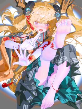 1girl absurdres arknights black_dress black_panties black_skirt blonde_hair commentary dress elbow_gloves embarrassed feet gloves green_skirt haori highres horn_ornament horns japanese_clothes knee_up kuji-in lawsky layered_skirt leg_up leizi_(arknights) leizi_the_thunderbringer_(arknights) long_hair looking_at_viewer lying no_shoes on_back open_mouth panties panties_under_pantyhose panty_peek pantyhose purple_eyes see-through_pantyhose shouting skirt soles solo toenails underwear very_long_hair white_gloves white_pantyhose yellow_haori