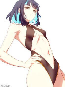 1girl bare_shoulders black_hair black_leotard blue_hair breasts colored_inner_hair dantonphanton eyeliner fate/grand_order fate_(series) grey_shirt highleg highleg_leotard highres leotard looking_at_viewer makeup multicolored_hair navel red_eyeliner shirt sidelocks small_breasts solo tenochtitlan_(fate)