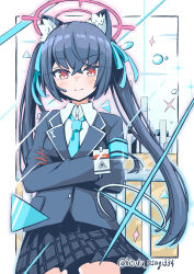 Rule 34 | 1girl, absurdres, animal ears, armband, blazer, blue archive, blue armband, blue ribbon, blush, cat ears, closed mouth, collared shirt, crossed arms, gloves, hair ribbon, halo, highres, hisokuasagi334, jacket, long hair, long sleeves, looking at viewer, necktie, pink halo, plaid, plaid skirt, pleated skirt, red eyes, ribbon, school uniform, serika (blue archive), shirt, skirt, smile, solo, twintails, two-tone gloves, white shirt